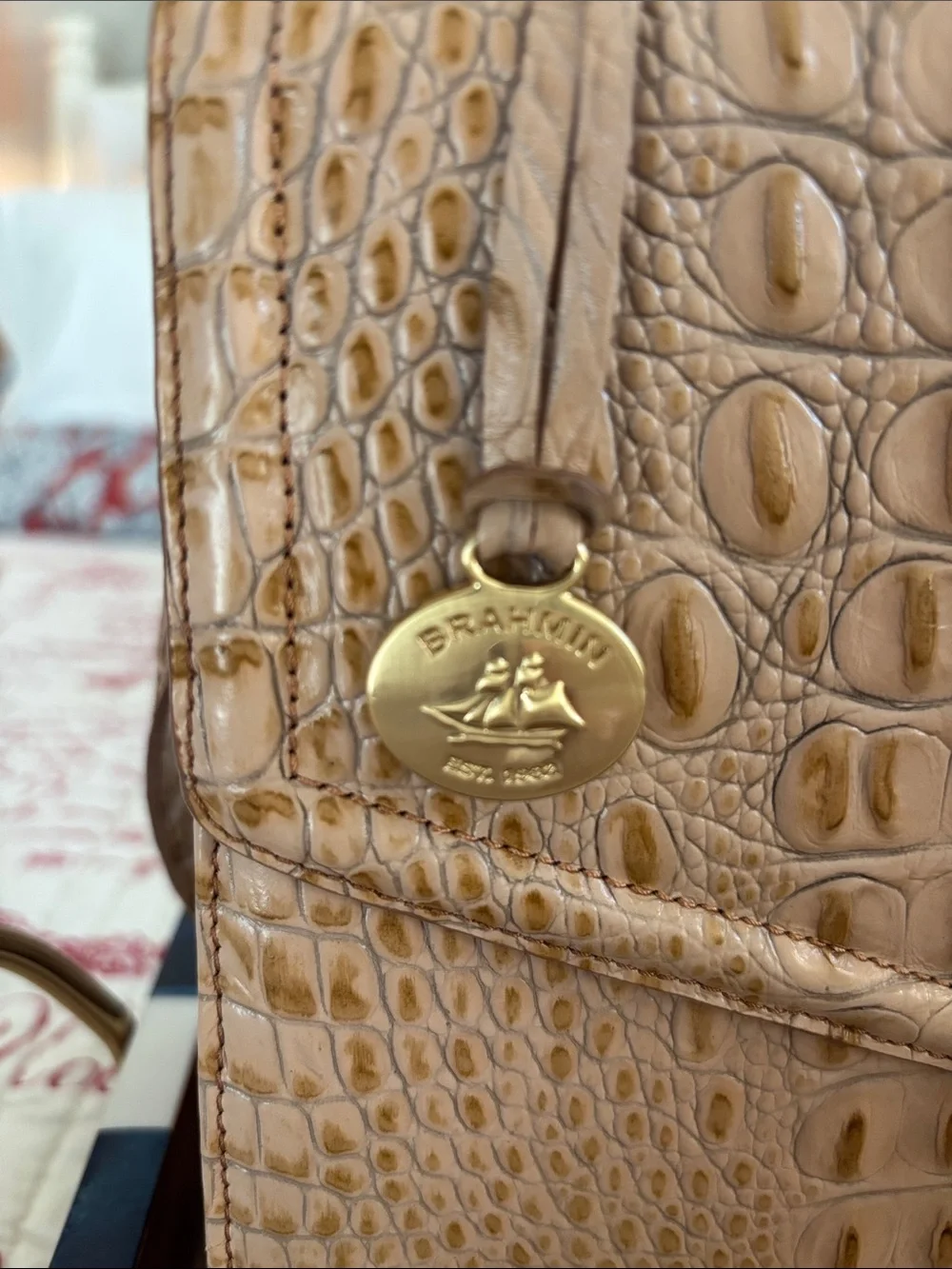 Brahmin Olivia Rose Tan Croc-Embossed Leather Satchel with Gold Hardware